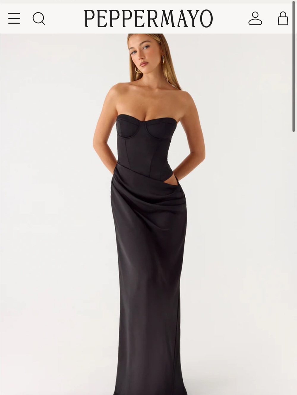 Peppermayo Black Emory Strapless Corset Draped Maxi Dress